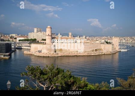 View across bay to the Fort Saint Jean and MuCem Museum in Marseille France Stock Photo