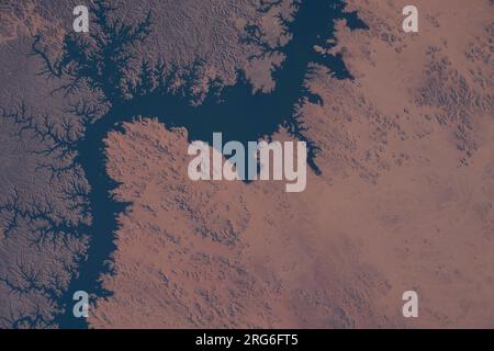 View from space of Lake Nasser, a vast reservoir in southern Egypt and northern Sudan. Stock Photo