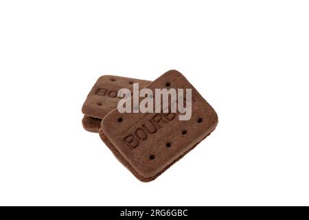 Chocolate bourbon biscuit cookies - white background. *****INSPECTOR NOTE - I have intentionally left the word BOURBON on the cookies because this des Stock Photo