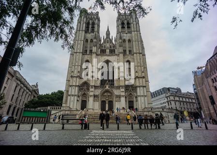 Cathedral of Saint Michael and Saint Gudula, is one of the most attractive Gothic buildings in the historic center of Brussels. Its construction began Stock Photo