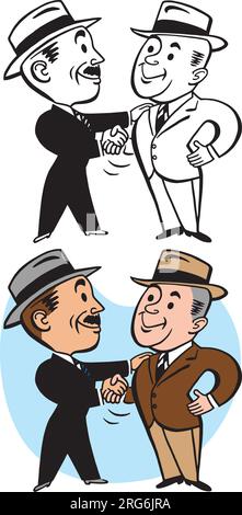 A vintage retro cartoon of two businessmen shaking hands and making a business deal. Stock Vector