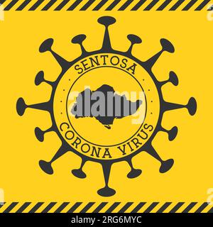 Coronavirus in Sentosa sign. Round badge with shape of virus and Sentosa map. Yellow island epidemic lockdown stamp. Vector illustration. Stock Vector