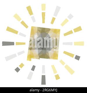 New Mexico sunburst. Low poly striped rays and map of the US state. Authentic vector illustration. Stock Vector