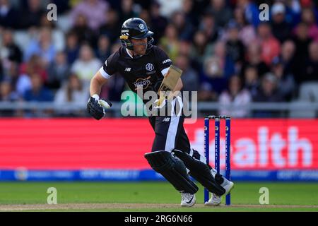 Manchester, UK. 07th Aug, 2023. Laurie Evans of Manchester Originals in batting action during The Hundred match Manchester Originals vs Birmingham Phoenix at Old Trafford, Manchester, United Kingdom, 7th August 2023 (Photo by Conor Molloy/News Images) in Manchester, United Kingdom on 8/7/2023. (Photo by Conor Molloy/News Images/Sipa USA) Credit: Sipa USA/Alamy Live News Stock Photo