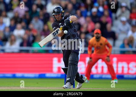 Manchester, UK. 07th Aug, 2023. Laurie Evans of Manchester Originals in batting action during The Hundred match Manchester Originals vs Birmingham Phoenix at Old Trafford, Manchester, United Kingdom, 7th August 2023 (Photo by Conor Molloy/News Images) in Manchester, United Kingdom on 8/7/2023. (Photo by Conor Molloy/News Images/Sipa USA) Credit: Sipa USA/Alamy Live News Stock Photo