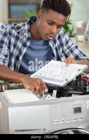 plumber repairing a washing machine in the house Stock Photo