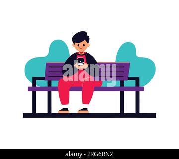 Flat vector illustration of a boy using a mobile while sitting on a bench Stock Vector