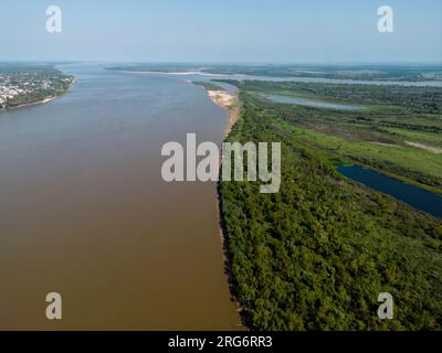 Aerial view of the huge river and lifeline Rio Paraná in the Province Entre Rios in the Argentinian Mesopotamia - Traveling South America Stock Photo