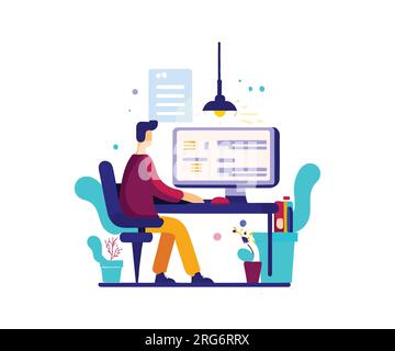Flat vector illustration of the person using a computer Stock Vector