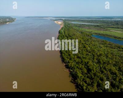 Aerial view of the huge river and lifeline Rio Paraná in the Province Entre Rios in the Argentinian Mesopotamia - Traveling South America Stock Photo