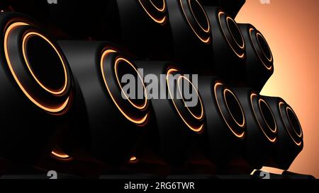 A sci-fi some wifi speakers diagonal with a glowing orange and black elegant and modern 3D rendering image backgroundhigh Resolution 3D rendering imag Stock Photo
