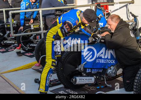 Lewis Kerr starts his bike during the Sports Insure Premiership match between Belle Vue Aces and Sheffield Tigers at the National Speedway Stadium, Manchester on Monday 7th August 2023. (Photo: Ian Charles | MI News) Credit: MI News & Sport /Alamy Live News Stock Photo