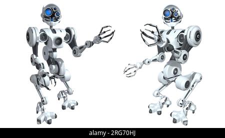 Full body front view of white android with 3 glasses on his head and pincers in his hands. 3D Illustration Stock Photo