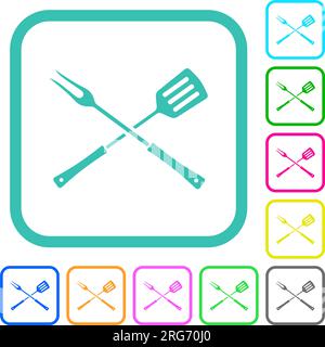 Barbecue fork and spatula in crossed position vivid colored flat icons in curved borders on white background Stock Vector