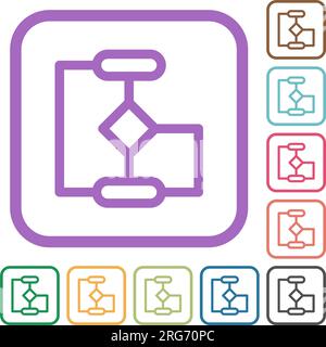 Flow chart outline simple icons in color rounded square frames on white background Stock Vector