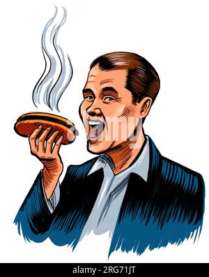Man eating hot dog. Hand-drawn ink on paper and hand colored on tablet Stock Photo