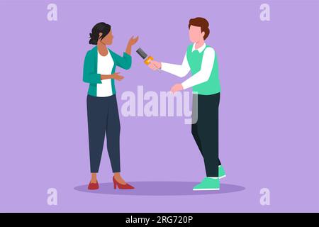 Character flat drawing male tv reporter interviewing questions to businesswoman. Man holding microphone interview with girl, professional journalist i Stock Photo
