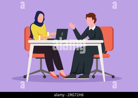 Character flat drawing beauty Arabian woman journalist interviewing young businessman at desk. Microphone, discussion, speech. Social media, communica Stock Photo