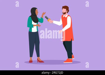 Character flat drawing Arabian male tv reporter interviewing questions. Man holding interview with success business woman, professional journalist in Stock Photo