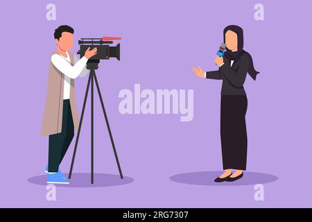 Character flat drawing of beautiful Arab woman reporter. Journalists to report. Two Arabian journalists. Team of woman reporter journalist man operato Stock Photo