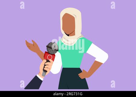 Character flat drawing interview with young beautiful Arabian girl. Digital journalism logo. News conference world live tv hands of journalist microph Stock Photo