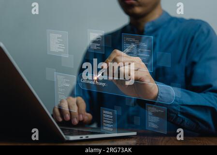 Command Prompt AI interface and machine learning language processing, neural networks, and computer vision. use of chatbot technology automation, data Stock Photo