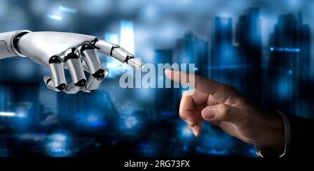 Hand human finger touch cyborg robot white 3d rendering Stock Photo