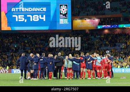Sydney, Australia. 07th Aug, 2023. Denmark team huddle after the FIFA Women's World Cup 2023 Round of 16 match between Australia and Denmark at Stadium Australia on August 7, 2023 in Sydney, Australia Credit: IOIO IMAGES/Alamy Live News Stock Photo