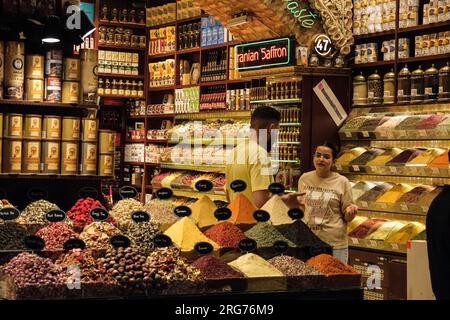 Istanbul, Turkey, Türkiye Inside the Spice Market, Shop Selling Spices, Sweets, and Dried Fruit. Stock Photo