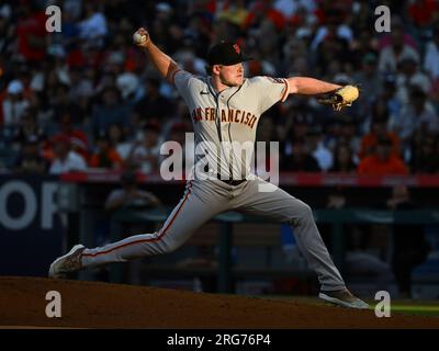 ANAHEIM, CA - AUGUST 07: San Francisco Giants pitcher Logan Webb (62)  pitching during an MLB baseball game against the Los Angeles Angels played  on August 7, 2023 at Angel Stadium in