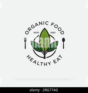 Vegan food restaurant logo design vector, organic and healthy beverages vector illustration logo brand template Stock Vector