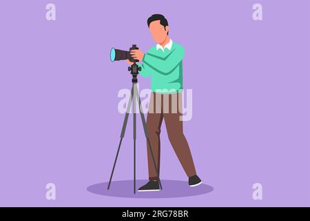 Cartoon flat style drawing of young male photographer taking photos using professional equipment set, Active man with camera making pictures. Studio p Stock Photo