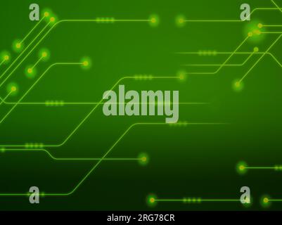 An intricate green circuit board, filled with complex pathways, transistors, and microchips, highlighting the essence of technology and electronics. Stock Photo