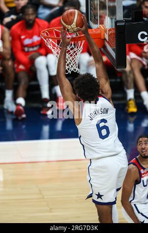 August 7, 2023: USA forward Cam Johnson (6) dunks the basketball during the second half of the USA Basketball Showcase featuring the USA vs. Puerto Rico at T-Mobile Arena on August 7, 2023 in Las Vegas, NV. Christopher Trim/CSM. Stock Photo