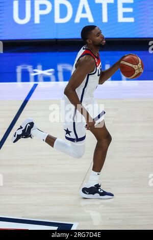 August 7, 2023: USA forward Mikal Bridges (5) dribbles up the court during the second half of the USA Basketball Showcase featuring the USA vs. Puerto Rico at T-Mobile Arena on August 7, 2023 in Las Vegas, NV. Christopher Trim/CSM. Stock Photo