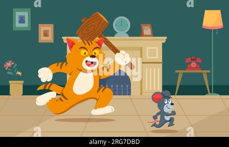 Cat trying to smash mouse using big wood hammer. Stock Vector