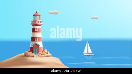 3d render illustration of a lighthouse on an island with rocks and trees around it and sea with boat, landscape illustration Stock Vector