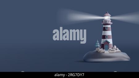 3d render illustration of a lighthouse on an island in the sea at night with beacon shining and navigating the route, dark blue lanscape Stock Vector