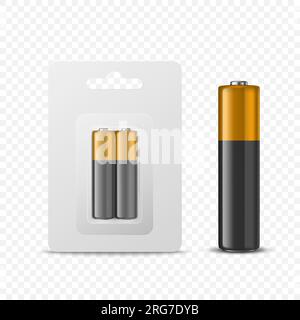 Vector 3d Realistic Two Alkaline Battery in Paper Blister and Battery Icon Set Closeup Isolated. AA Size, Vertical Position. Design Template for Stock Vector