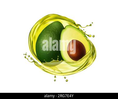 Realistic avocado oil swirl with splash and splatters of flow, isolated vector. Avocado fruit in splashing oil drops and green wave splatters for healthy food, natural organic cosmetic and vegetables Stock Vector