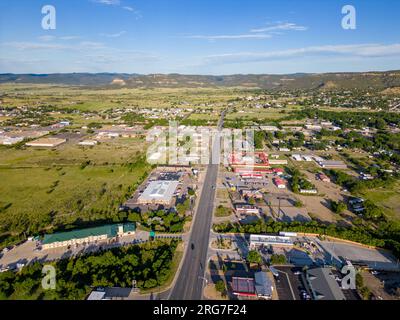 Aerial photo business district Raton New Mexico view of Red River Peak Stock Photo