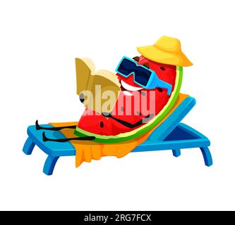 Cartoon watermelon character sunbathing on beach. Ripe watermelon happy personage, juicy fruit cheerful vector mascot or summer vacation cute character lying on beach lounge, reading book on vacation Stock Vector