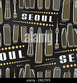 Vector Seoul Seamless Pattern, square repeating background with illustration of famous asian seoul city scape on dark background for wrapping paper, d Stock Vector