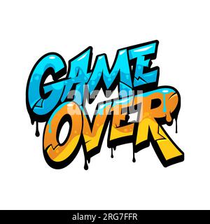 Game over graffiti street art, urban style or color paint and airbrush writing in vector. Game Over graffiti spray letters or text calligraphy in grunge font with blue and yellow paint drips splatter Stock Vector