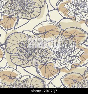 Floral seamless pattern with hand drawn lotus flowers and leaves. Vector background for fabrics, textiles, paper. Traditionsl oriental print. Stock Vector