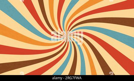 Carnival retro sunlight rays. Vintage background layout, sunbeam burst. Vector circus backdrop with colorful muted red, blue, brown and beige curve radiating stripes creating hypnotic effect Stock Vector