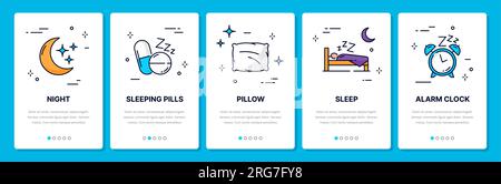 Sleep line icons, mobile app onboarding screen for healthy sleeping, vector template. Night time or bedtime onboarding screen for mobile application with sleeping tips of pillow, alarm clock and pills Stock Vector