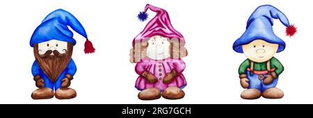 Gnomes. Illustration of grandfather, boy and girl gnomes. In bright suits on a white background. For your design Stock Photo