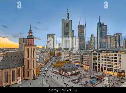 Frankfurt, Germany - November 13, 2018: view to Hauptwache, a former central guard house and the skyline of Frankfurt in Sunset. Stock Photo