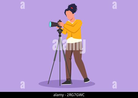 Cartoon flat style drawing female photographer taking photos using tripod and professional equipment set. Woman with camera making pictures. Studio ph Stock Photo